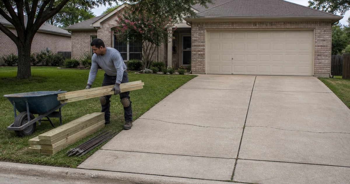 Form lumber being carried in and stacked at the start of a driveway job in Cedar Park, before any excavation.
