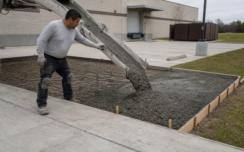 A ready mix chute being guided into a formed commercial slab in Cedar Park, the concrete building against the form.