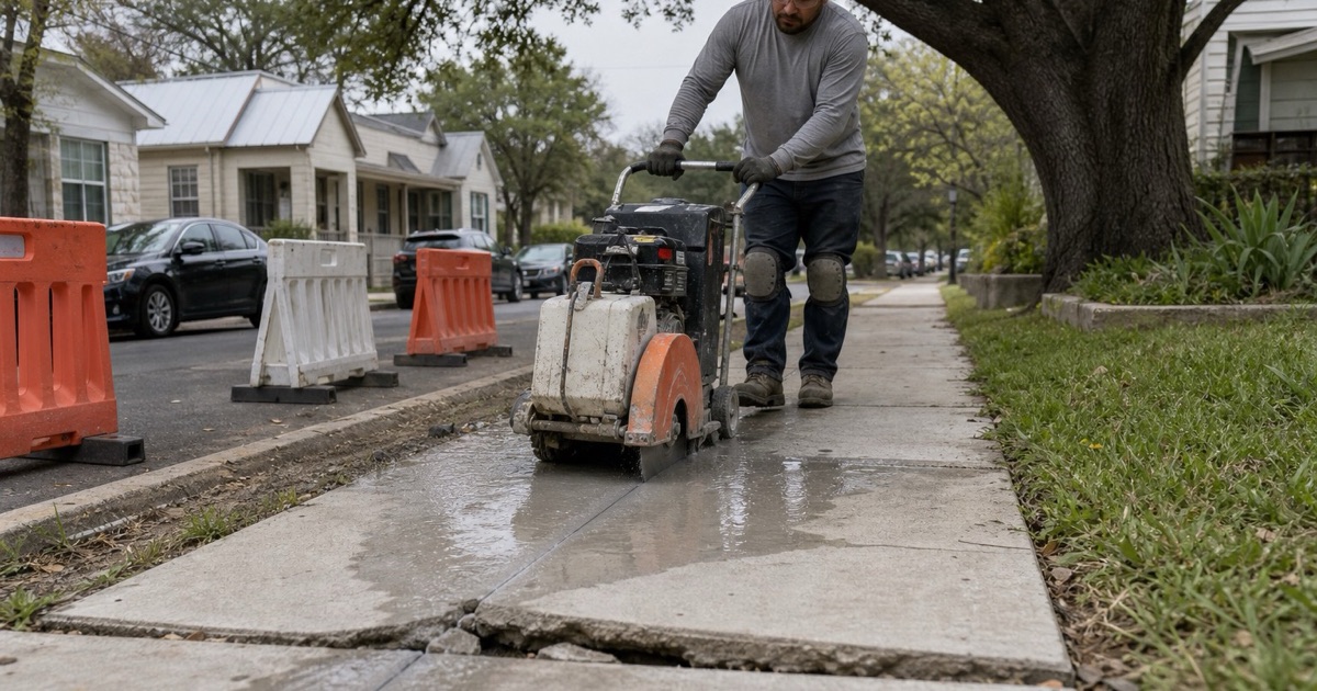 A public sidewalk panel being saw cut for replacement in the Austin right-of-way, between the curb and the property line.