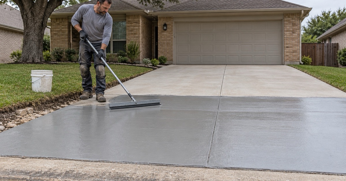 A polymer overlay being spread across an existing concrete driveway in Brushy Creek, resurfacing it rather than replacing it.