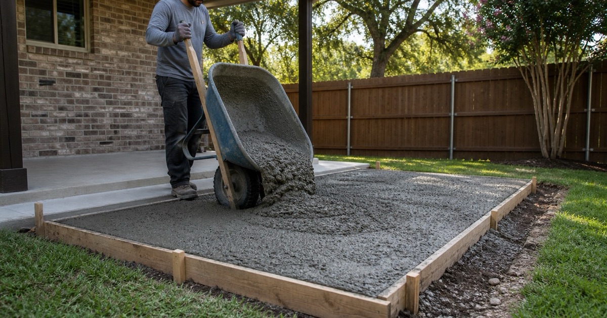 A wheelbarrow of concrete being tipped into a small formed patio in Buda, kept deliberately compact on a lot with a hardscape limit.