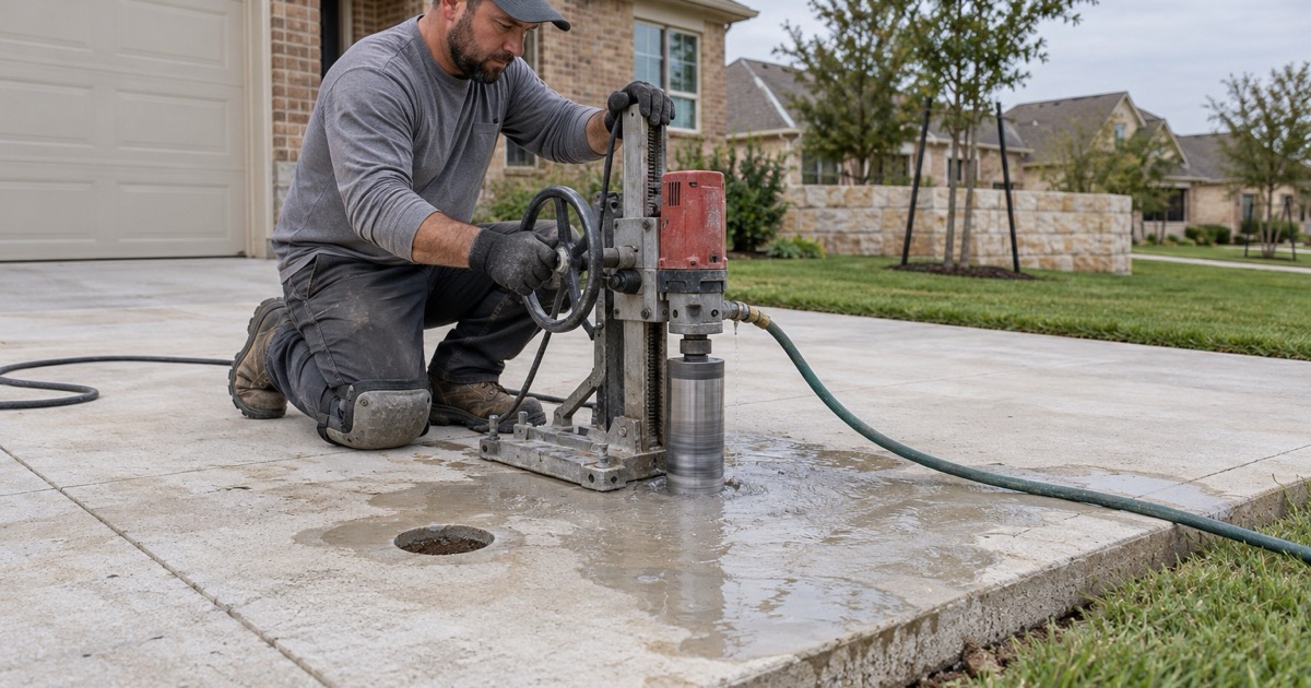 A core being drilled through an existing concrete slab in Georgetown ahead of an alteration, the barrel held square to the surface.