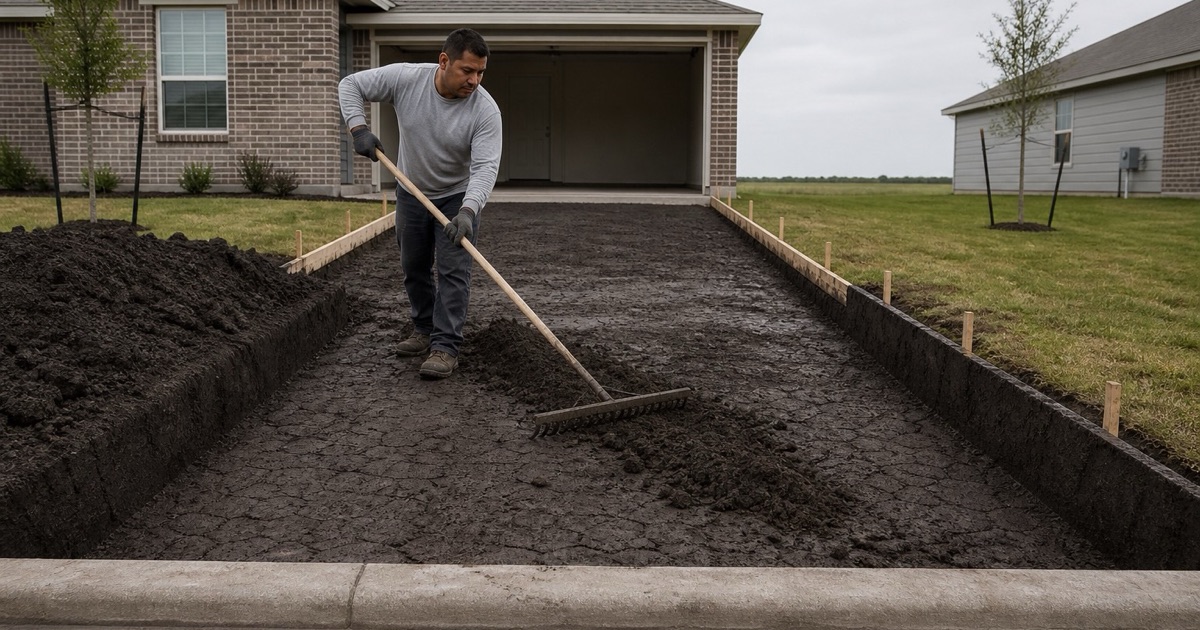 Subgrade clay being raked to grade for a new driveway in Hutto, with no stone anywhere in the ground or the spoil.