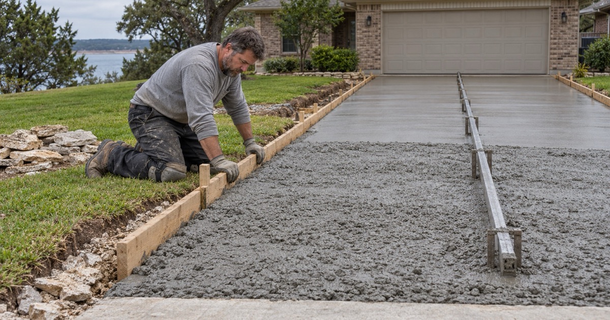 A driveway being formed and screeded at a Lago Vista house, the approach meeting the curb and gutter flush.