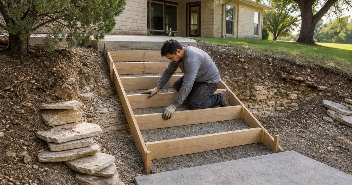 Step risers being formed between two terraces of a hillside patio in Lakeway, cut into weathered rock.