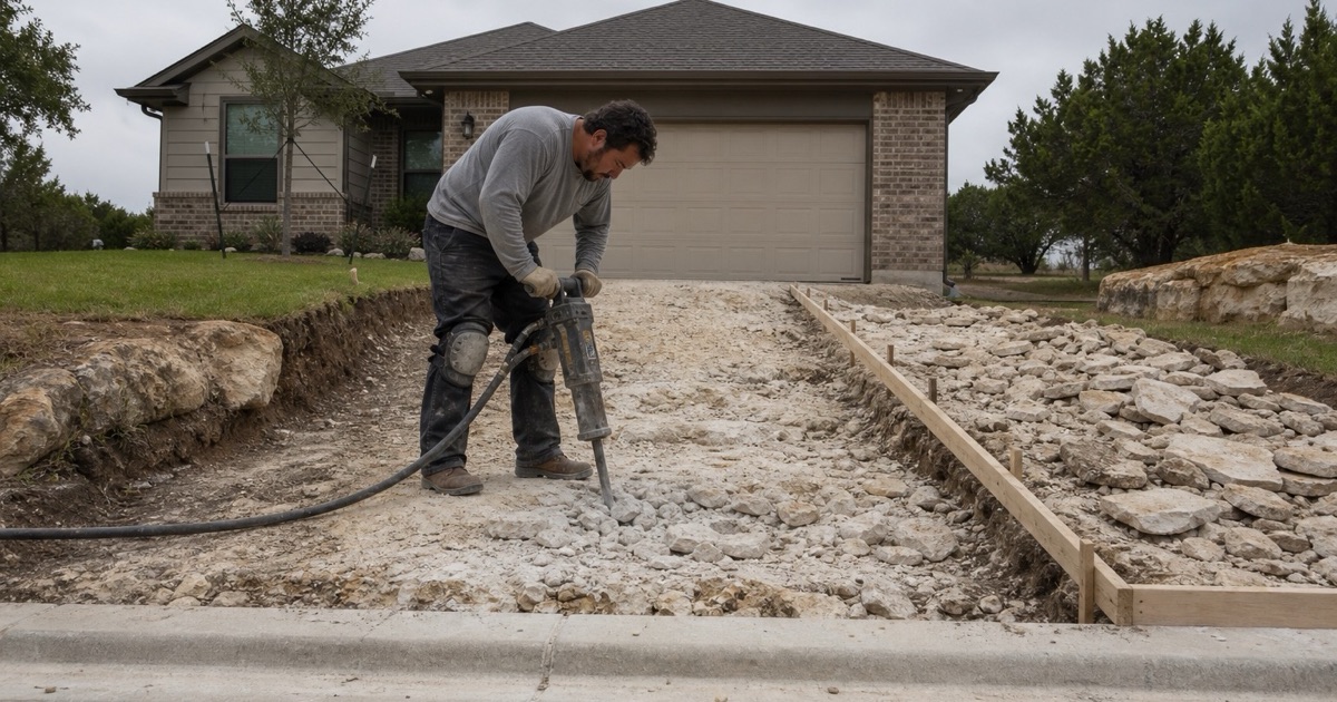 A hydraulic breaker being worked into shallow rock for a driveway excavation in Leander, breaking the ledge out rather than blasting it.