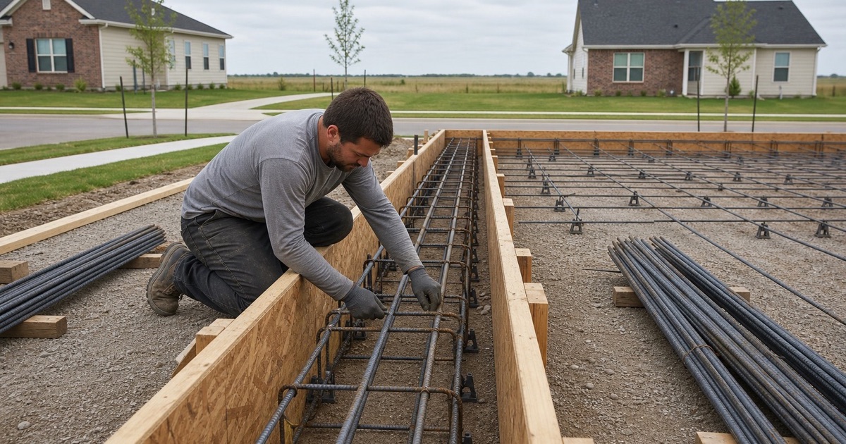 Reinforcing bar seated on chairs in a formed grade beam at a new Liberty Hill house.
