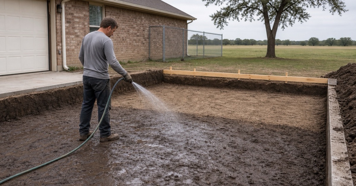 Clay subgrade being moisture conditioned before a concrete pour in Manor, with no stone in the excavation.