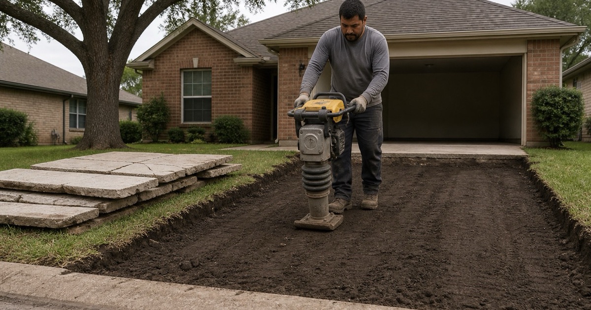 A rammer compacting the subgrade under a twenty year old driveway being replaced in Pflugerville, the old slab broken out beside it.