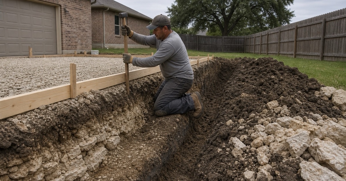 A footing trench in Round Rock showing shallow limestone at one end and deep dark clay at the other, with the grade stake set on the change.