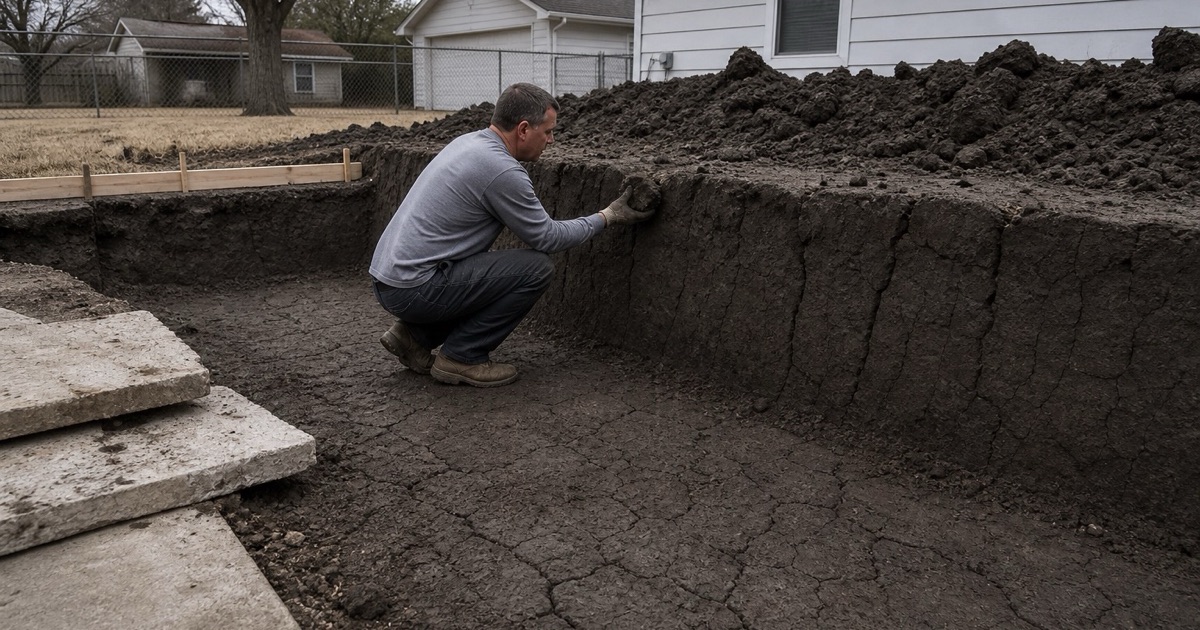 A clod of deep dark clay held up at the cut face of an excavation in Taylor, where an old slab has been removed.