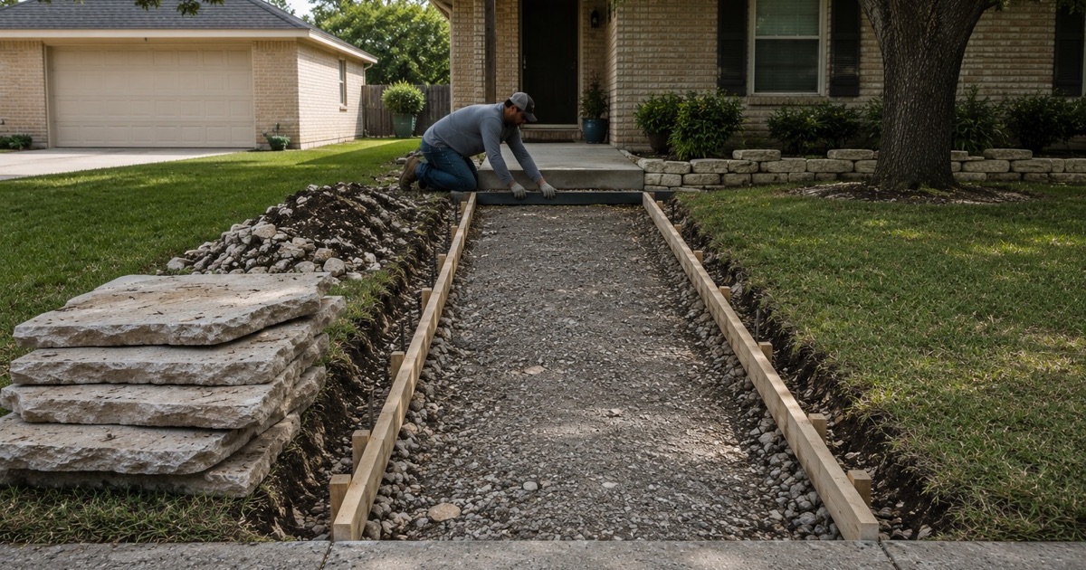 An old concrete walk broken out and stacked beside a fresh trench at a Wells Branch home.