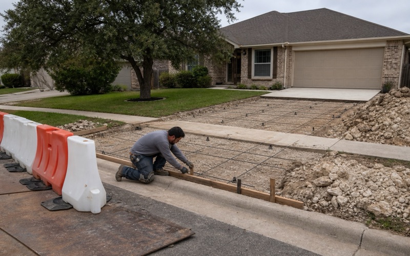 A drive approach being formed to the city detail in Cedar Park, the curb form set against the back of the existing curb and gutter.