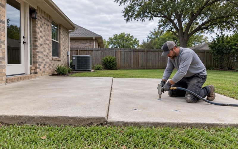 Polyurethane foam being injected through a drilled port to lift a settled concrete slab in Cedar Park, the hose running away off frame.