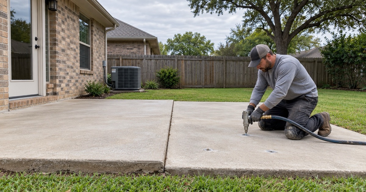 Polyurethane foam being injected through a drilled port to lift a settled concrete slab in Cedar Park, the hose running away off frame.