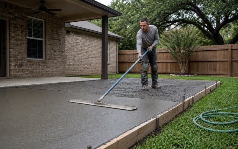 A bull float being drawn across a freshly placed concrete patio in Cedar Park, closing the surface before it sets.