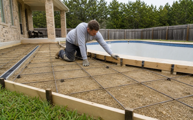 Cantilever coping forms being set around a pool shell in Cedar Park before the deck is poured.