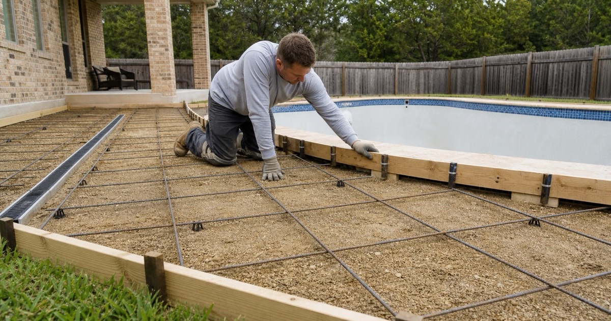 Cantilever coping forms being set around a pool shell in Cedar Park before the deck is poured.