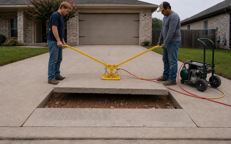 A failed section of concrete driveway in Cedar Park cut out on a straight saw line and being lifted clear, the four inch slab edge visible in section.