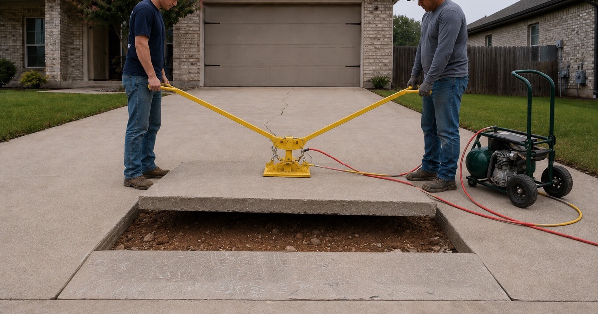 A failed section of concrete driveway in Cedar Park cut out on a straight saw line and being lifted clear, the four inch slab edge visible in section.