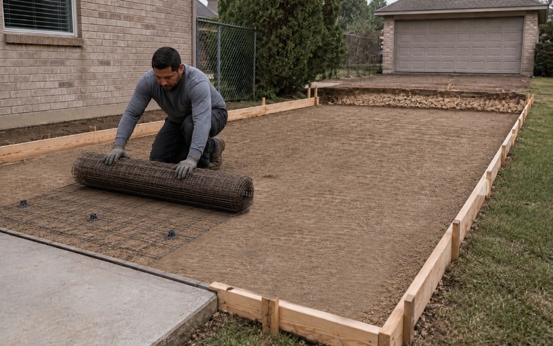 Welded wire mesh being rolled out on chairs over compacted base for a new concrete pad in Cedar Park, before any concrete.